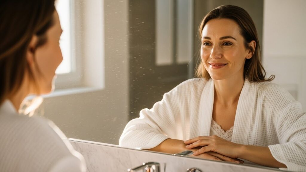 Glowing skin results after following a skin cycling routine.