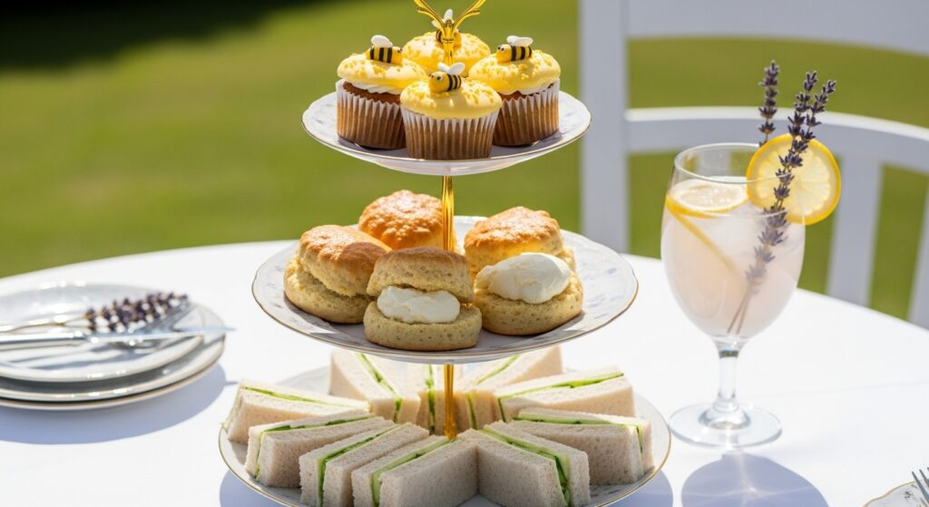 Three tier tea party stand with finger sandwiches and honeybee cupcakes for Bridgerton party.