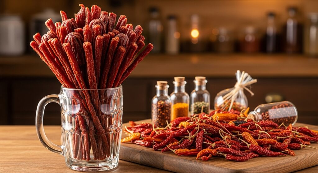 Unique food gifts for men jerky bouquet and hot sauce kit.