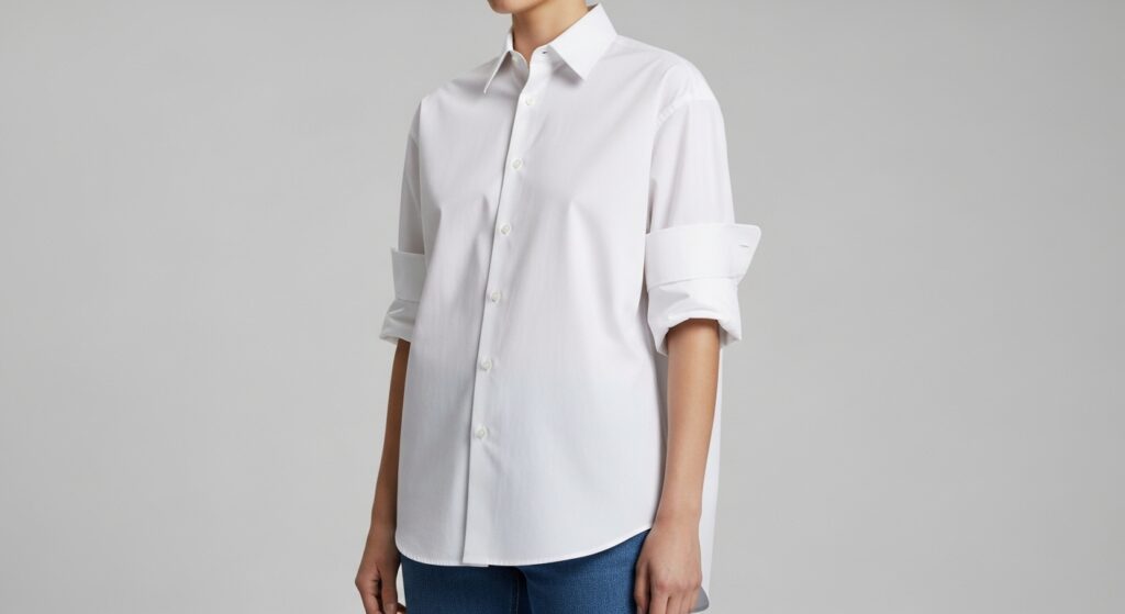 Woman wearing an oversized white button-down shirt styled with rolled sleeves.