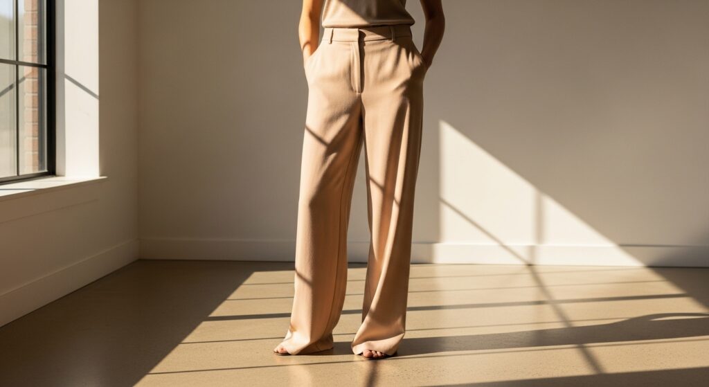 Woman wearing beige wide-leg tailored trousers in a minimalist room.