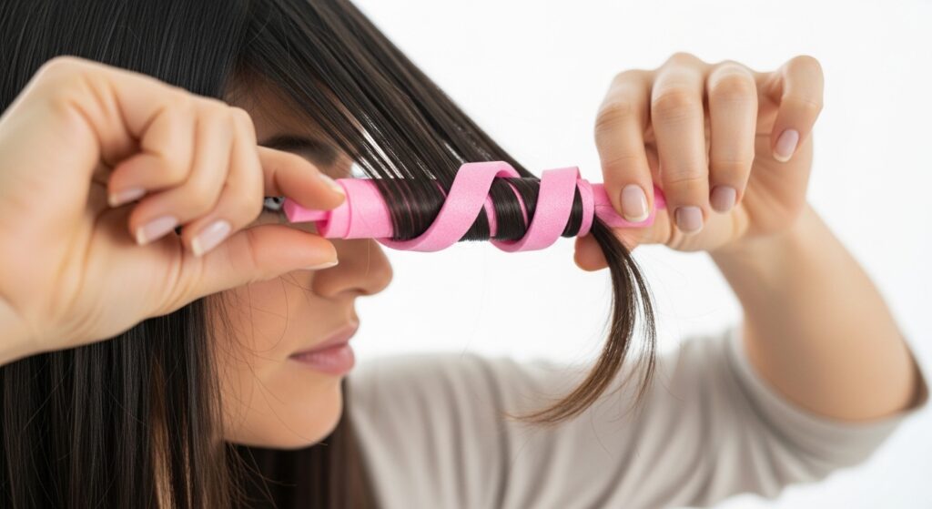 Woman wrapping hair around a satin heatless curling rod for blowout waves.
