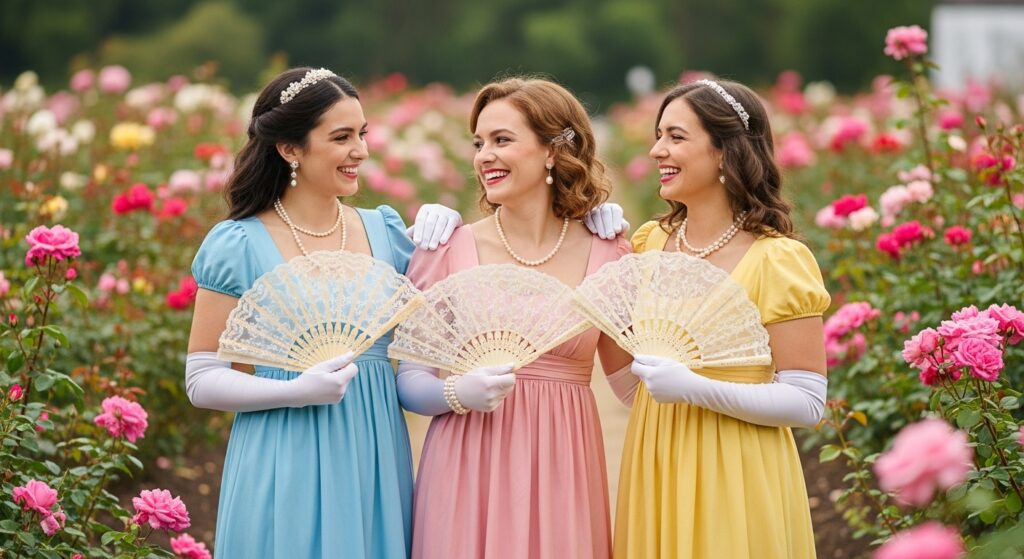 Women wearing Regencycore fashion and empire waist dresses for a Bridgerton party.
