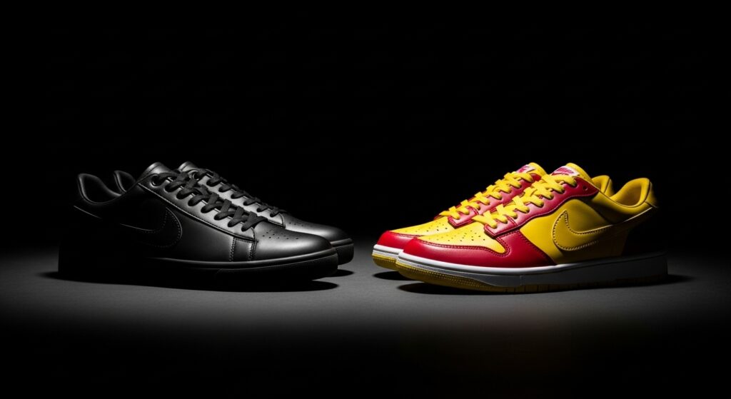 Contrast between all-black stealth sneakers and bright Crayola colored sneakers.