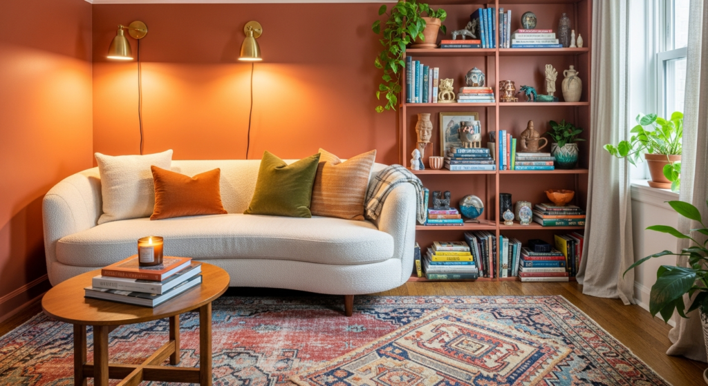 A cozy, stylish 2026 small apartment living room featuring textured fabrics and rich colors.