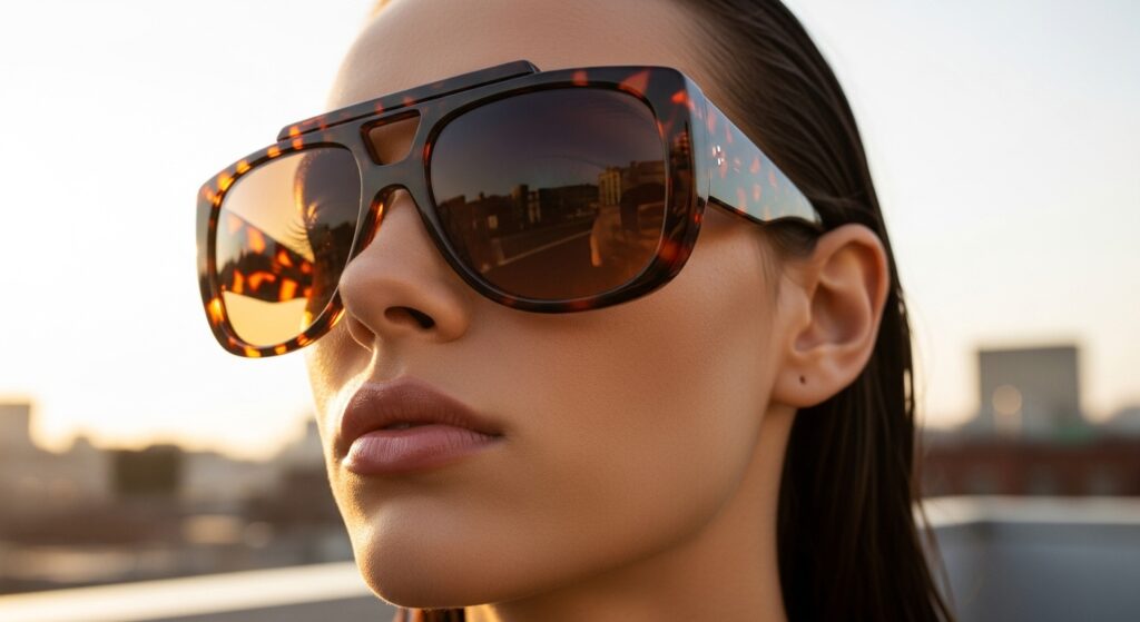 Model wearing trendy retro flat top aviator sunglasses for Summer 2026 fashion.
