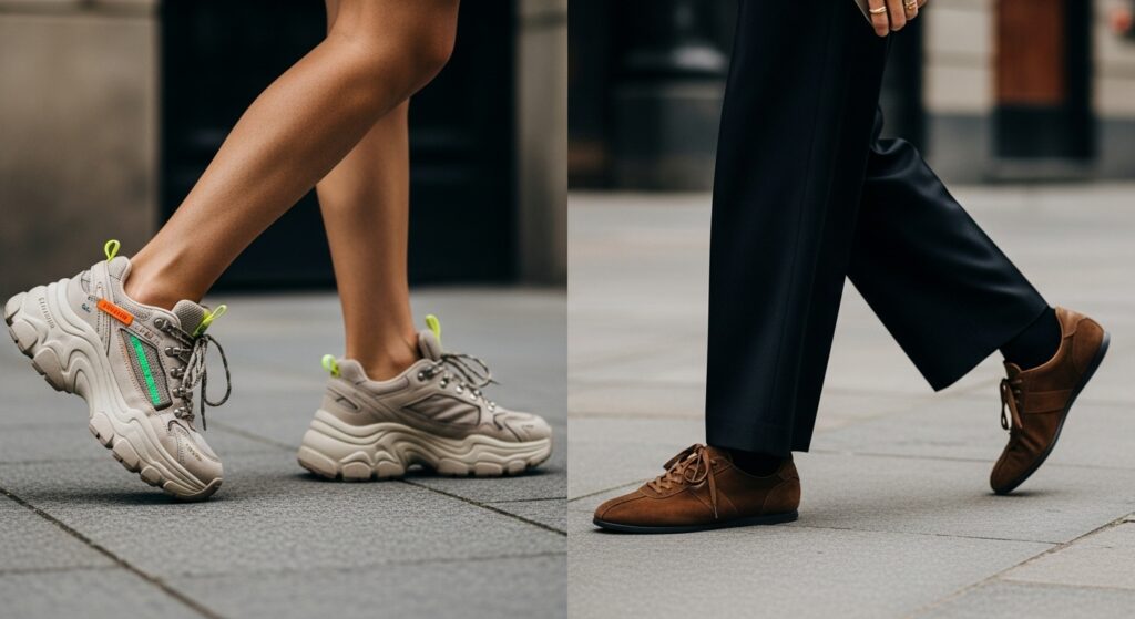 Comparison of chunky dad sneakers vs slim minimalist sneakers for 2026 trends.