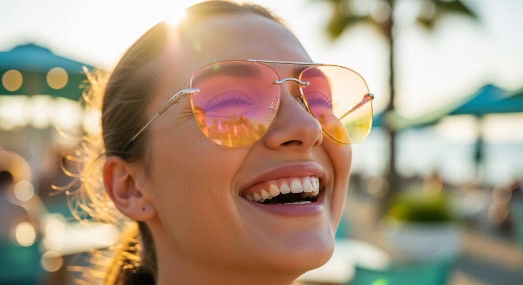 Trendy gradient tinted sunglasses in yellow and pink for summer fashion.