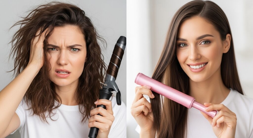 Comparison of heat damaged hair vs healthy heatless curls.