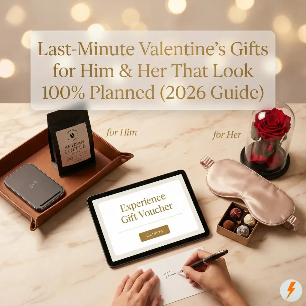 Featured image displaying the title text "Last-Minute Valentine’s Gifts for Him & Her That Look 100% Planned (2026 Guide)" centered over a luxurious flat-lay. The image showcases a split arrangement of gifts: a leather tray with a wireless charger and coffee beans (for him), a silk eye mask and preserved red rose (for her), and a digital tablet displaying an experience voucher being signed by a hand (instant gift).