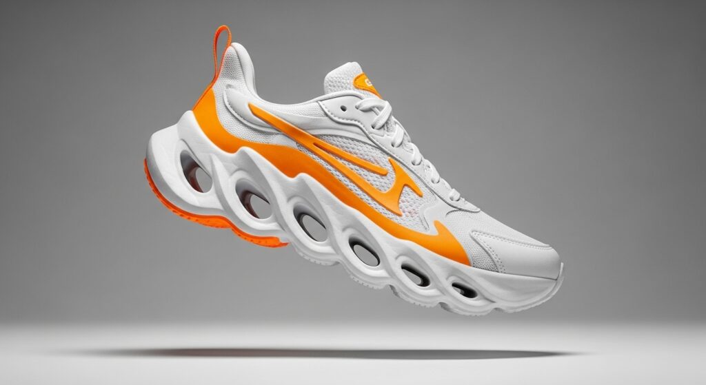 Maximalist cushioned running shoe with thick foam sole.