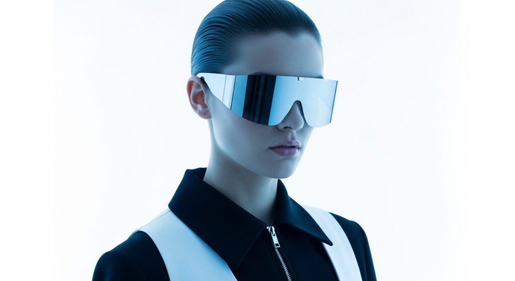 Woman wearing futuristic oversized shield sunglasses with silver mirrored lens.