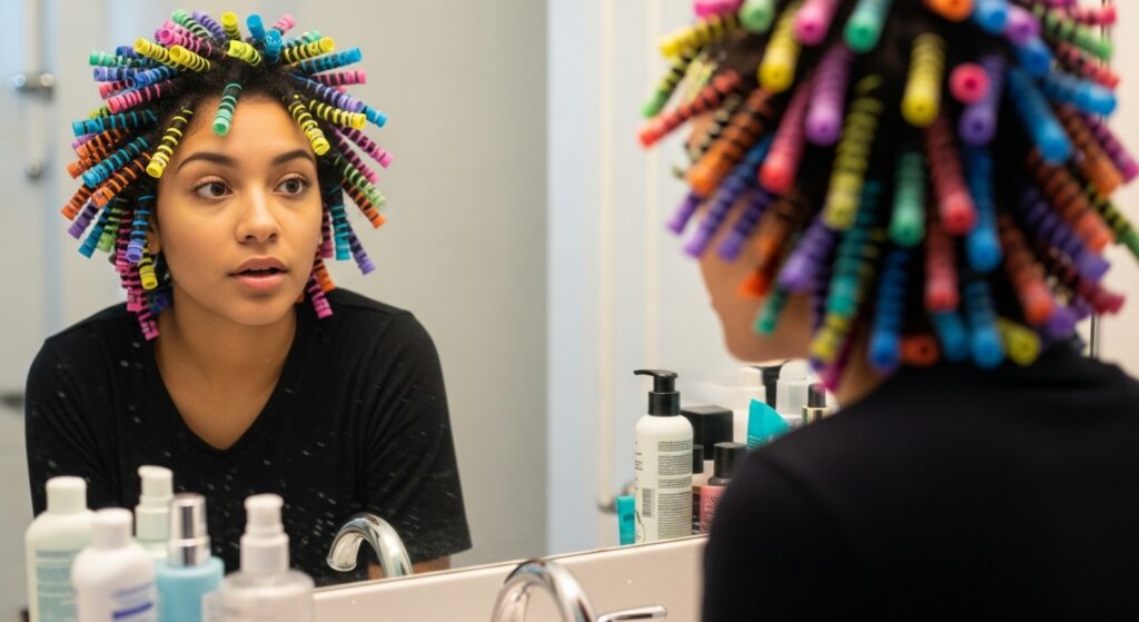 Applying flexi rods for defined heatless spiral curls.