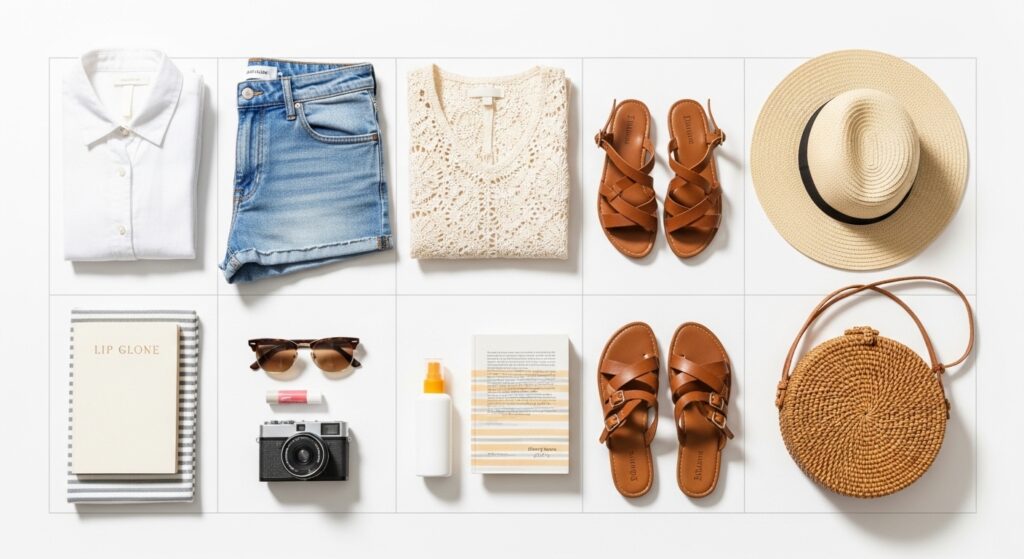 12-piece Cabo spring break packing list laid out flat.