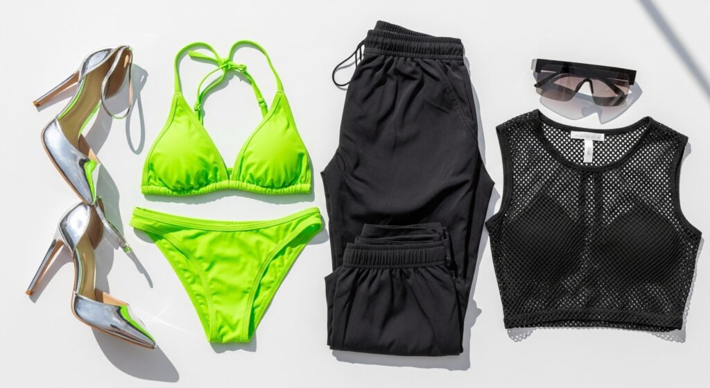 12-piece Miami spring break capsule wardrobe with neon and metallic outfits.