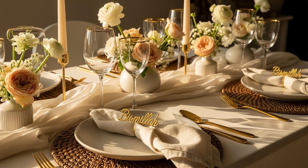 2026 Eid table setting featuring matte ceramics, Bismillah napkin rings, and modern floral centerpieces.