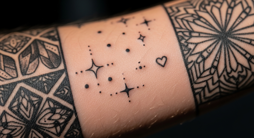 A close-up shot focusing on the negative space and modern fillers of a patchwork sleeve.