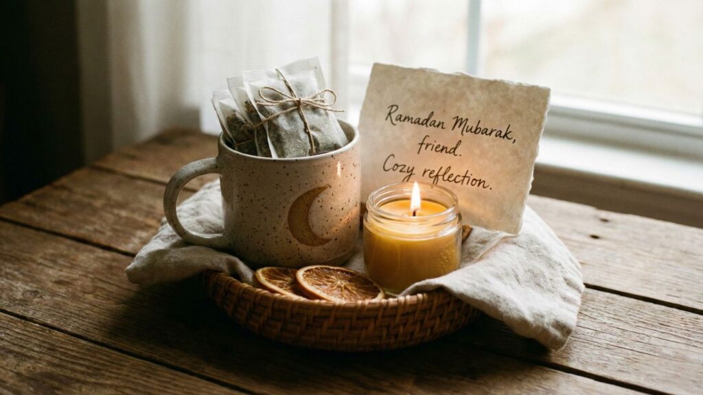 A cozy, budget-friendly DIY Ramadan reflection gift set featuring a mug, herbal tea, and a handwritten Ramadan Mubarak card.
