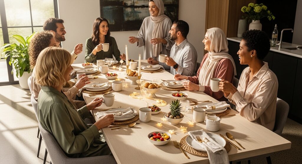 A group of friends enjoying a modern Eid brunch party in a beautifully decorated home.