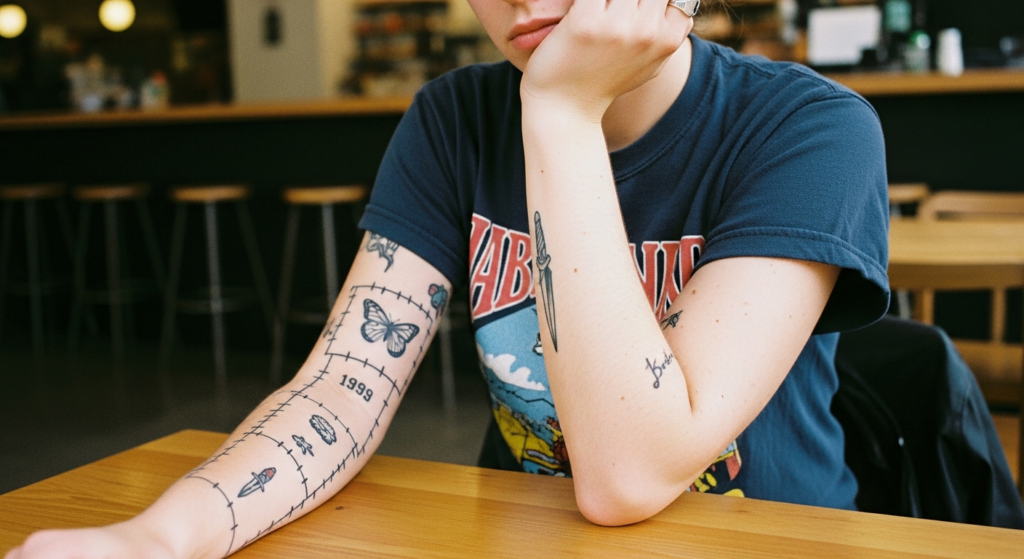 A lifestyle photo highlighting the collecting aspect of patchwork tattoos.