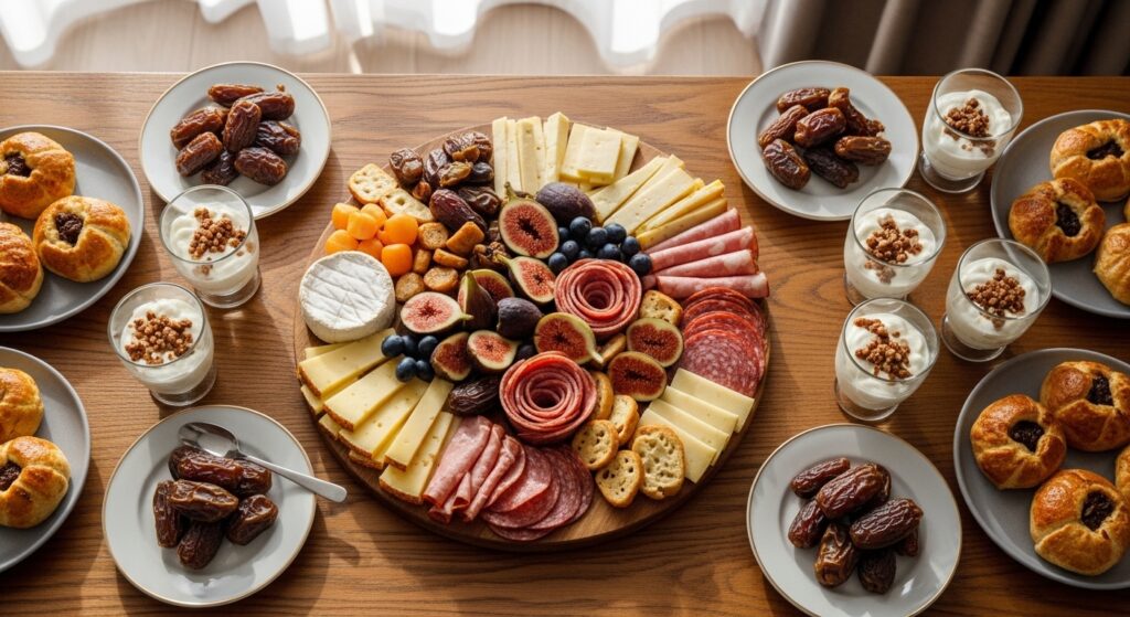 A mouth-watering modern Eid brunch spread featuring a Halal charcuterie board and stuffed dates.