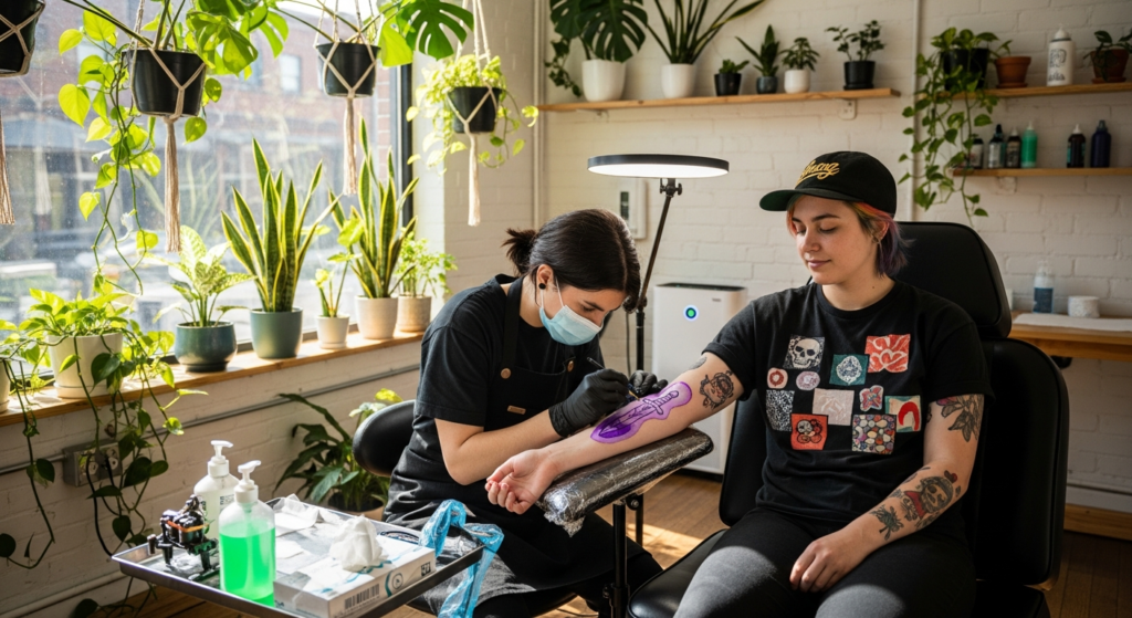 A relatable behind-the-scenes shot at a tattoo parlor.