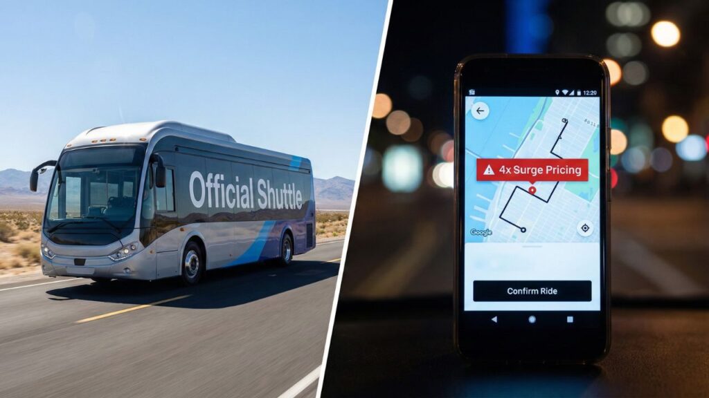 A side-by-side comparison graphic showing a Coachella shuttle bus vs a high Uber surge price screen.