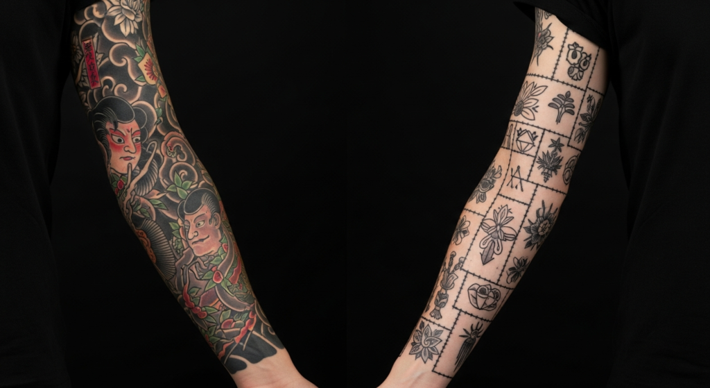 A side-by-side comparison image showing a traditional full sleeve on the left and a patchwork sleeve on the right.