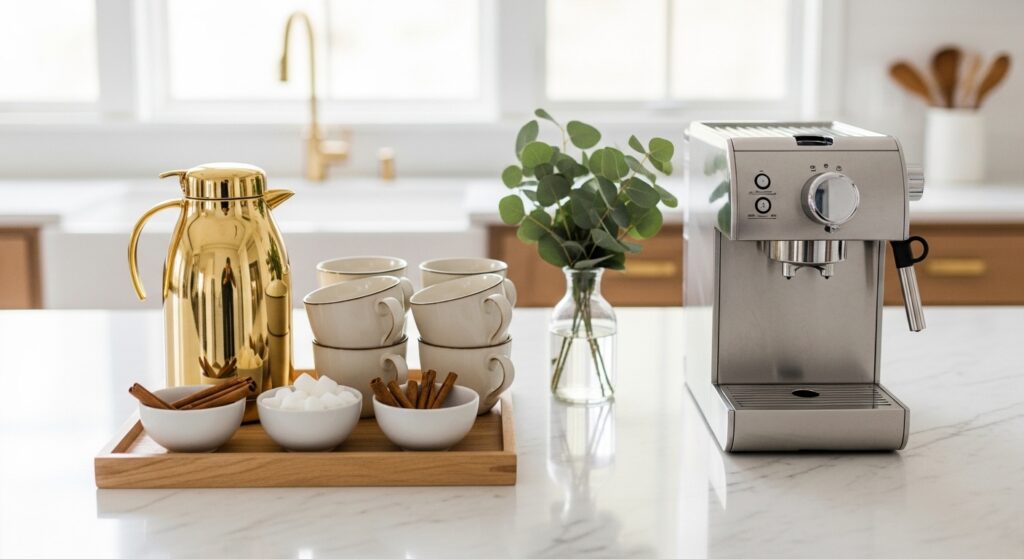 A well-organized, aesthetic DIY beverage and coffee station for a modern Eid party.