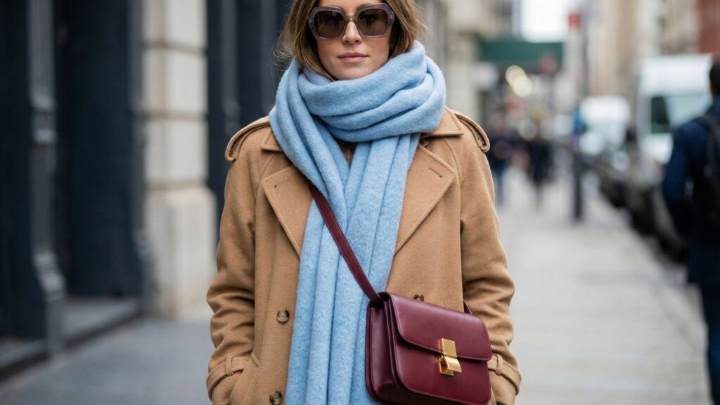 A woman wearing a camel trench coat accessorized for cold spring weather with a pastel blue oversized wool scarf, geometric statement sunglasses, and a burgundy cross-body bag.