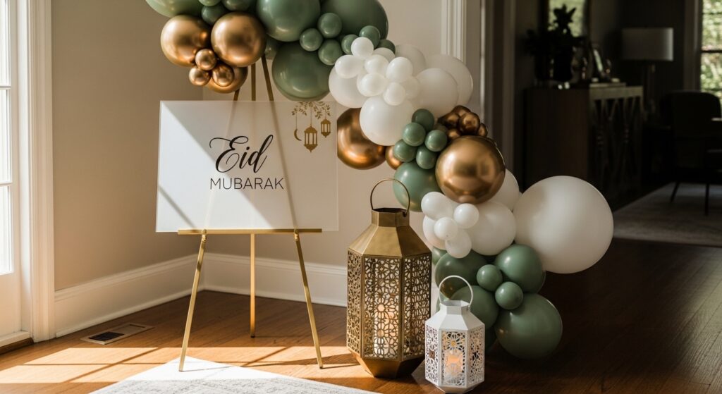 Aesthetic Eid party decor featuring a sage green balloon garland and custom acrylic welcome sign.