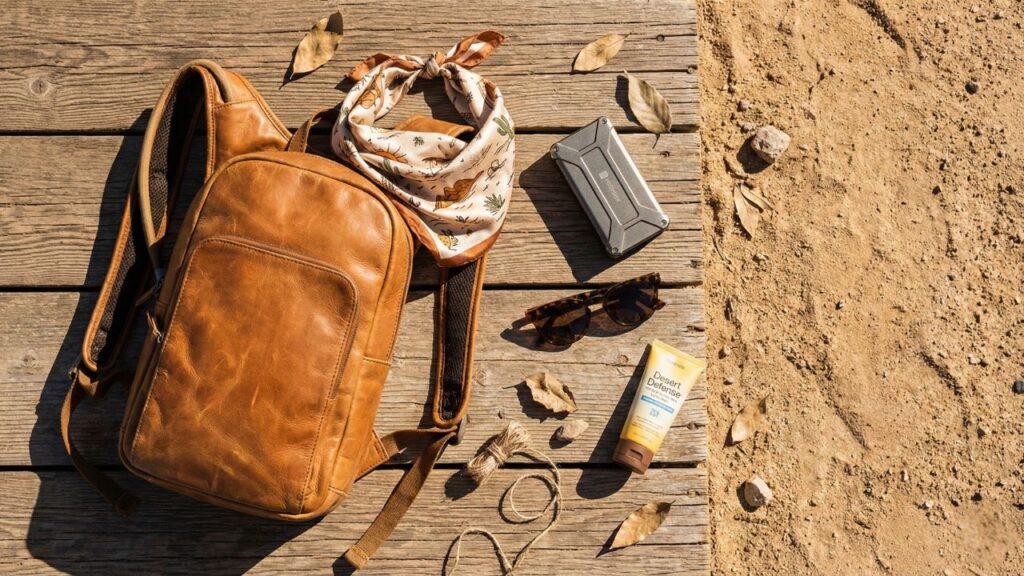 Aesthetic flat lay of Coachella festival essentials including a hydration pack, bandana, portable charger, and sunscreen.