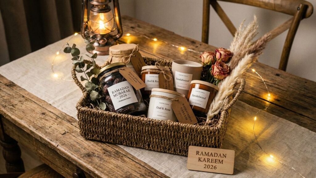 An aesthetic DIY Ramadan gift basket filled with dates, candles, and floral decorations displayed on a rustic wooden table, showcasing budget-friendly hamper ideas.