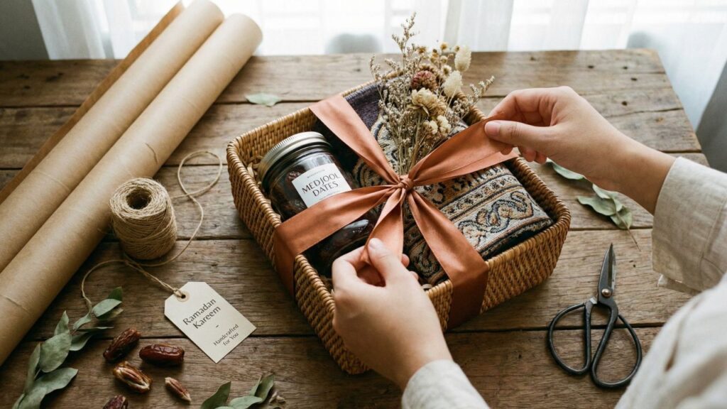 An overhead shot demonstrating how to pack an aesthetic DIY Ramadan gift basket, showing hands tying a silk ribbon around a woven hamper.