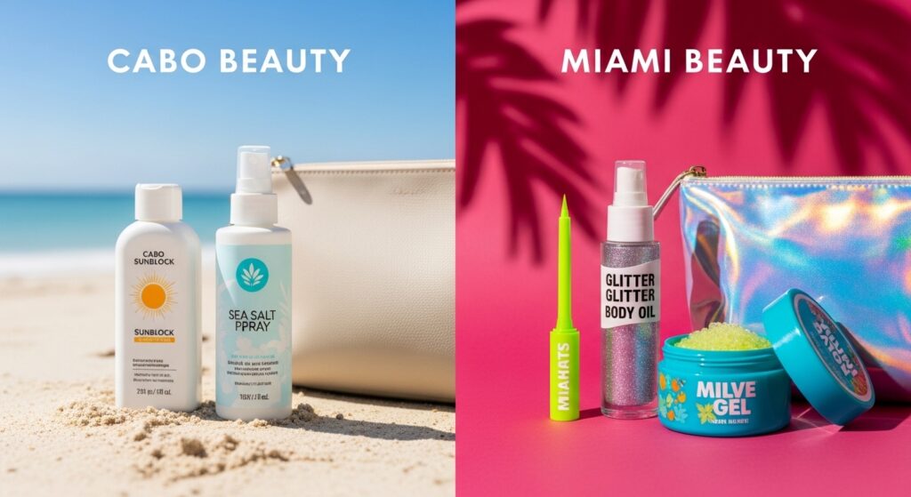 Beauty essentials for beach vacation 2026, comparing natural Cabo makeup vs glam Miami makeup.