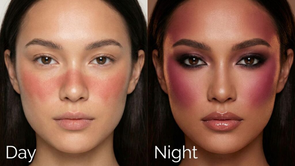 Blush placement guide chart for Round, Square, Oval, Heart, Rectangle, and Diamond face shapes.