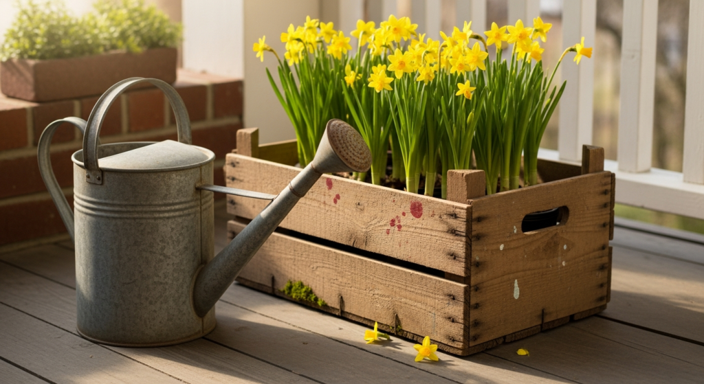 Budget-friendly tips for a porch refresh, vintage farmhouse porch decor, upcycled spring planters.