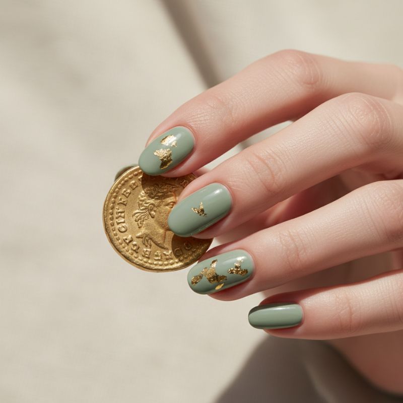 Macro close-up of muted earthy sage green manicured nails holding a textured gold coin to showcase the sophisticated color contrast.