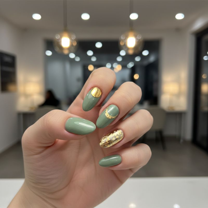 A professional nail technician's hand holding a client's finished sage green and gold chrome manicure in a bright salon setting.