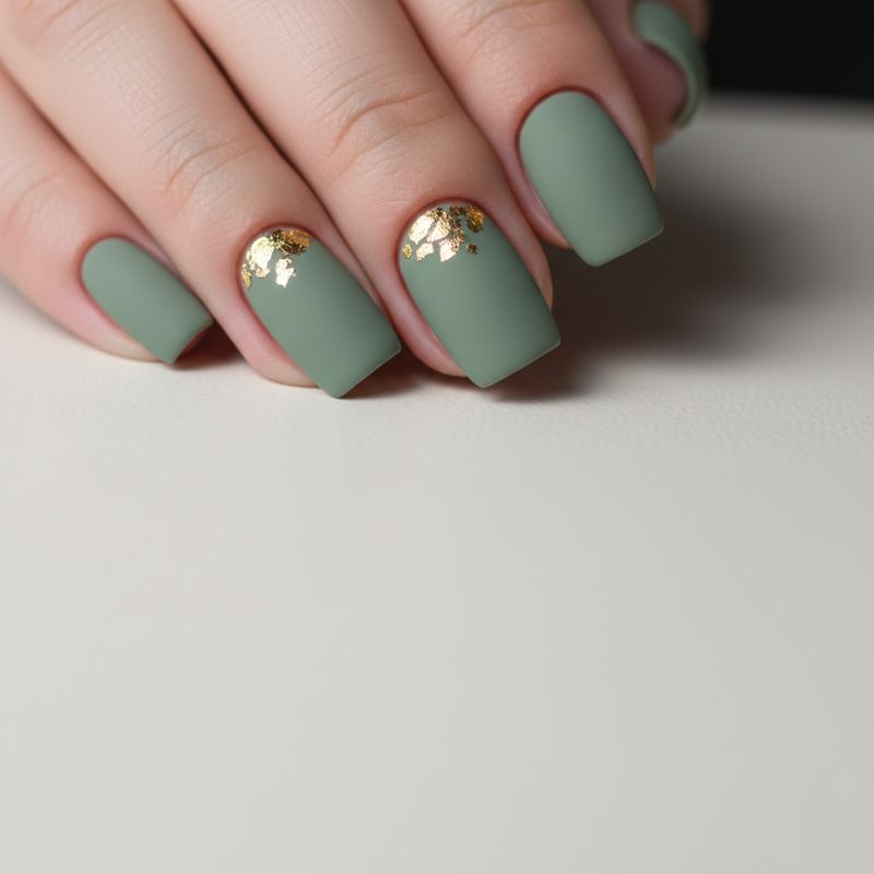 Close-up of matte sage green squoval nails with organic gold foil flakes delicately placed near the cuticles.