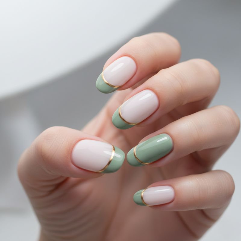 Minimalist French manicure on almond nails featuring a milky white base, sage green tips, and a micro-thin gold chrome separator line.