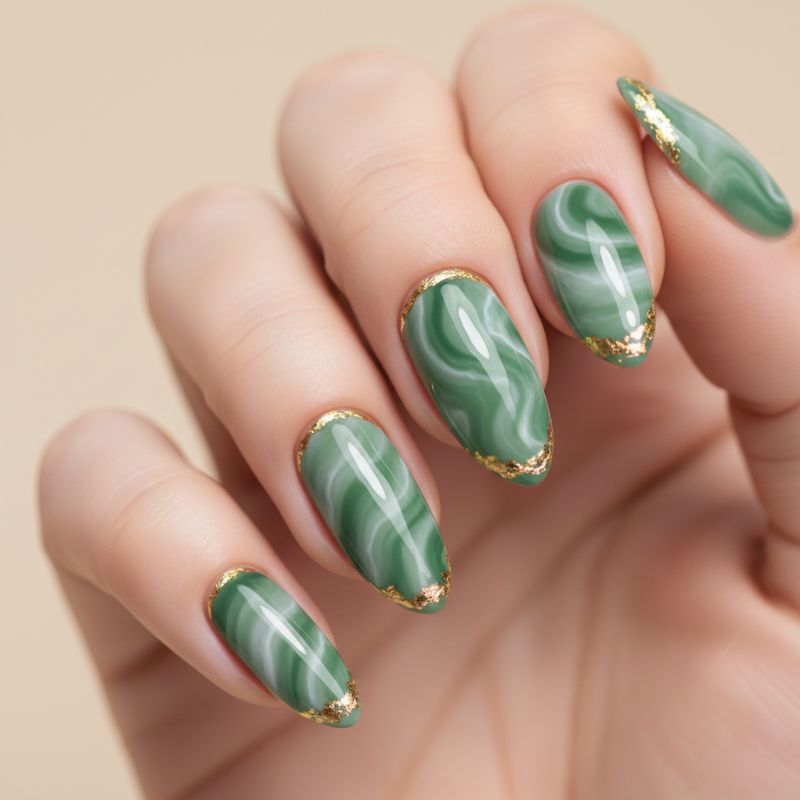 High-end jade marble nail art effect using sage green and translucent white swirls accented with thin gold leaf edges.