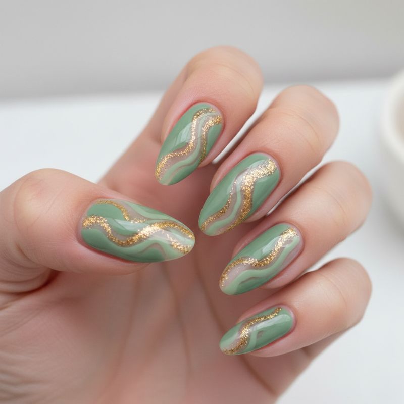 Modern nail art with a clear glossy base and abstract fluid waves of sage green polish overlapping with fine gold glitter.