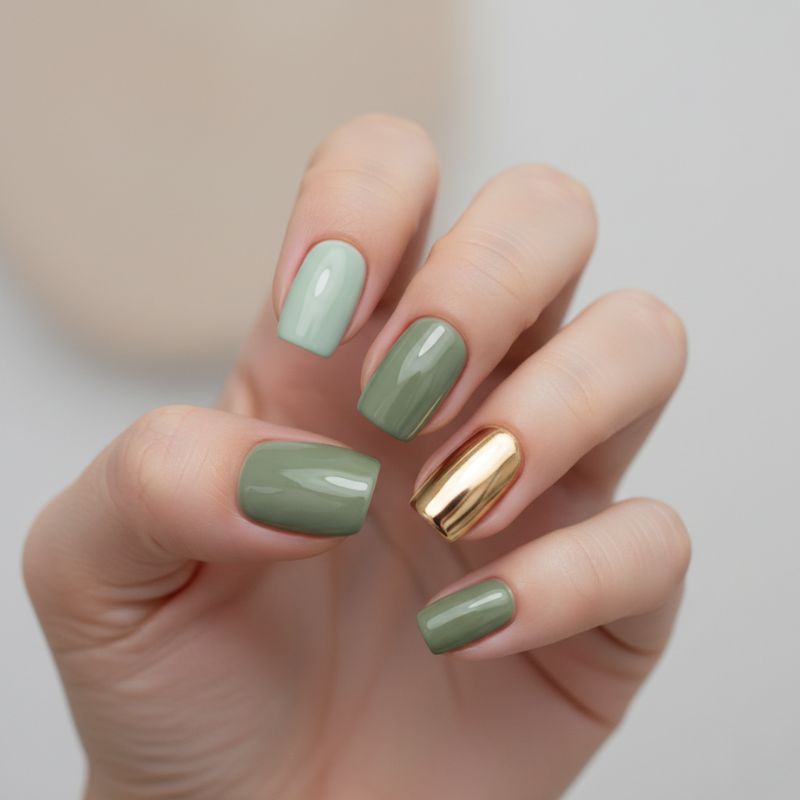 A tonal green "Skittle" manicure on short nails ranging from pale mint to olive with a solid gold chrome accent nail.