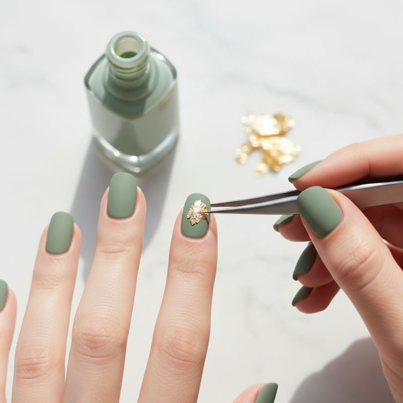 A top-down view of a hand using tweezers to apply a small flake of gold leaf onto a sage green painted nail during a DIY manicure.