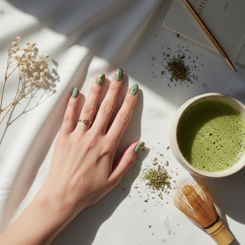 A chic aesthetic flat lay of a hand with glossy sage green and gold foil almond nails resting on white silk next to a matcha latte.