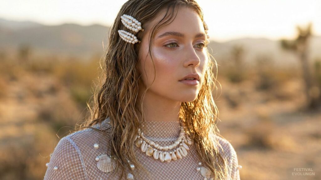 Close up of Mermaidcore 2.0 festival makeup and accessories with pearls and shells.