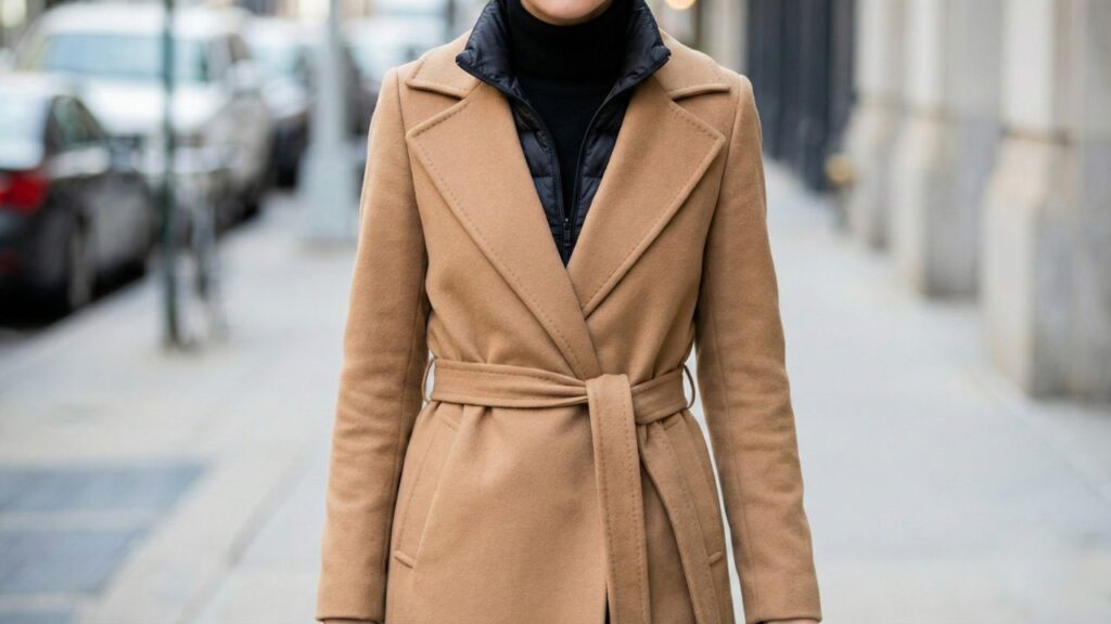 Close-up of a stylishly belted camel trench coat layered over a black cashmere turtleneck and a thin black puffer vest for hidden winter warmth.