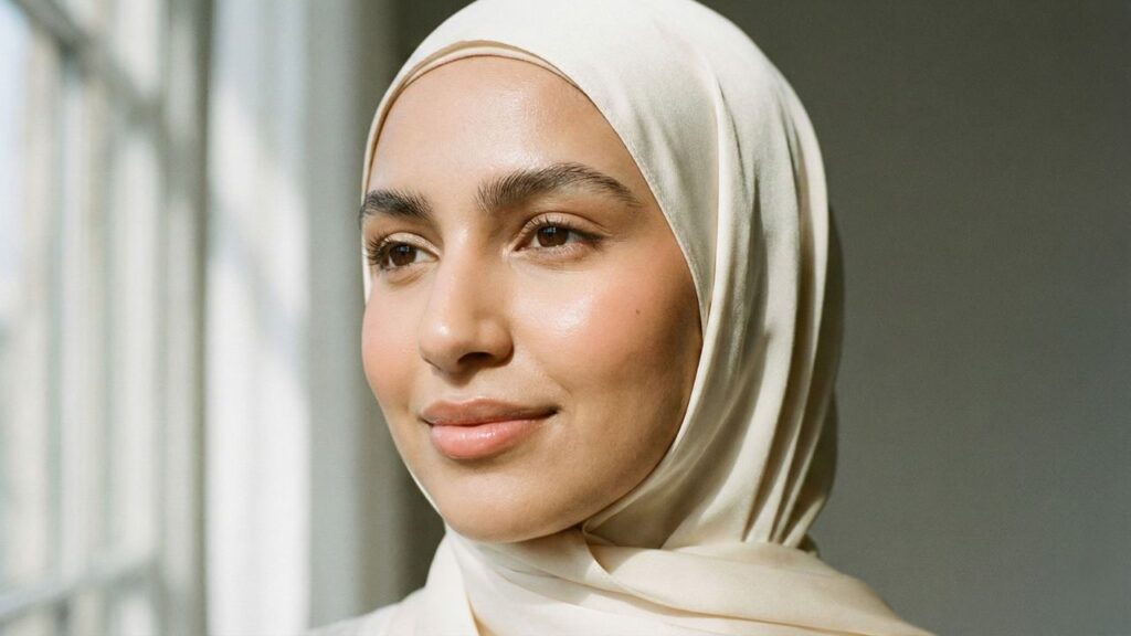Close up of a woman with natural, glowing makeup and defined eyebrows.
