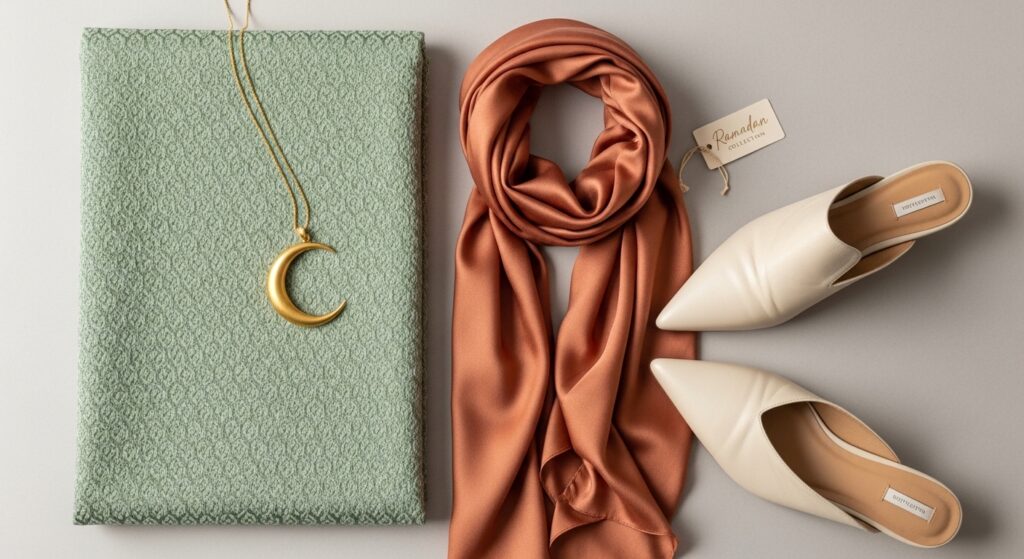 Close up of sage green jacquard fabric and terracotta silk accessories.